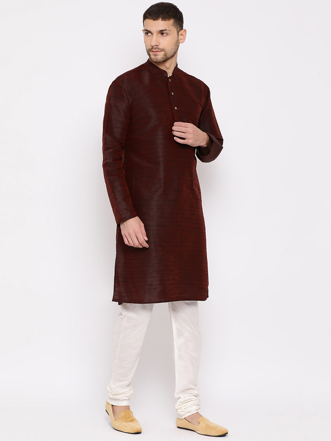 Men's Wine Silk Blend Kurta Pyjama Set