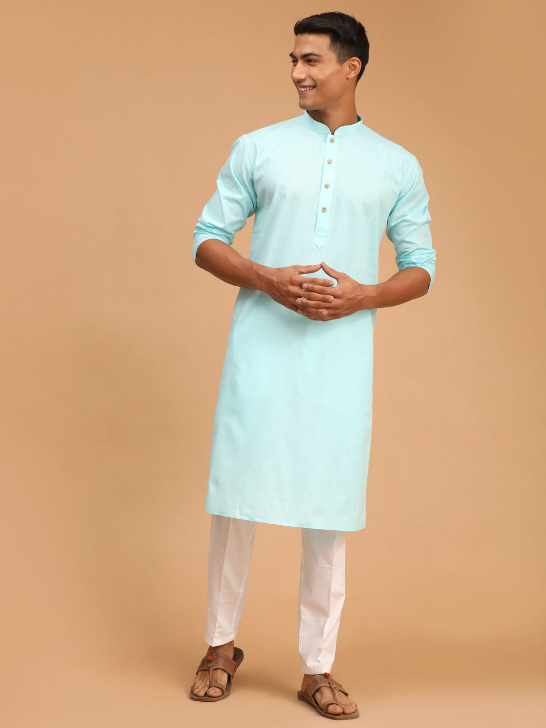 Men's Aqua Blue And White Cotton Linen Kurta Pyjama Set