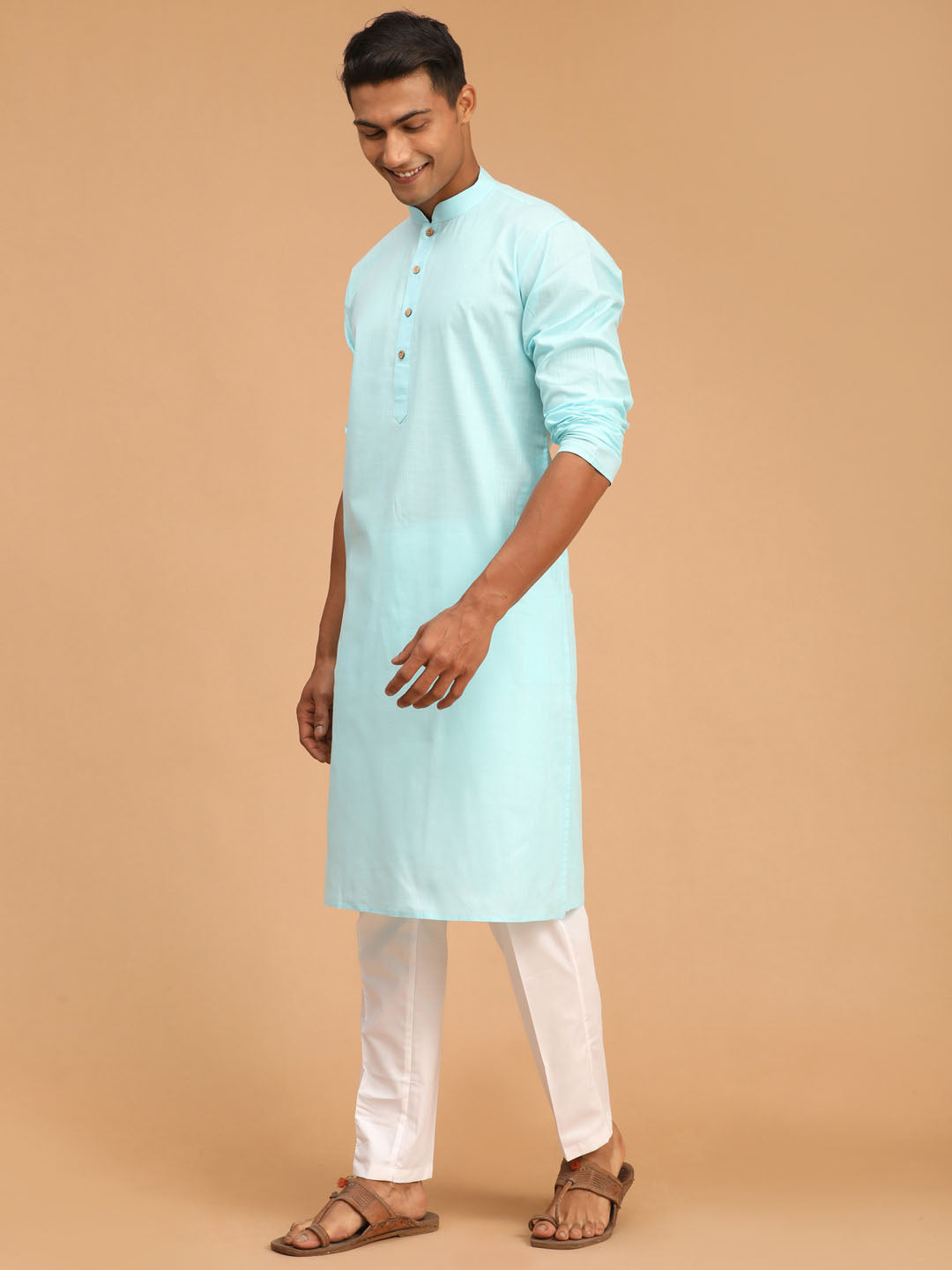 Men's Aqua Blue And White Cotton Linen Kurta Pyjama Set