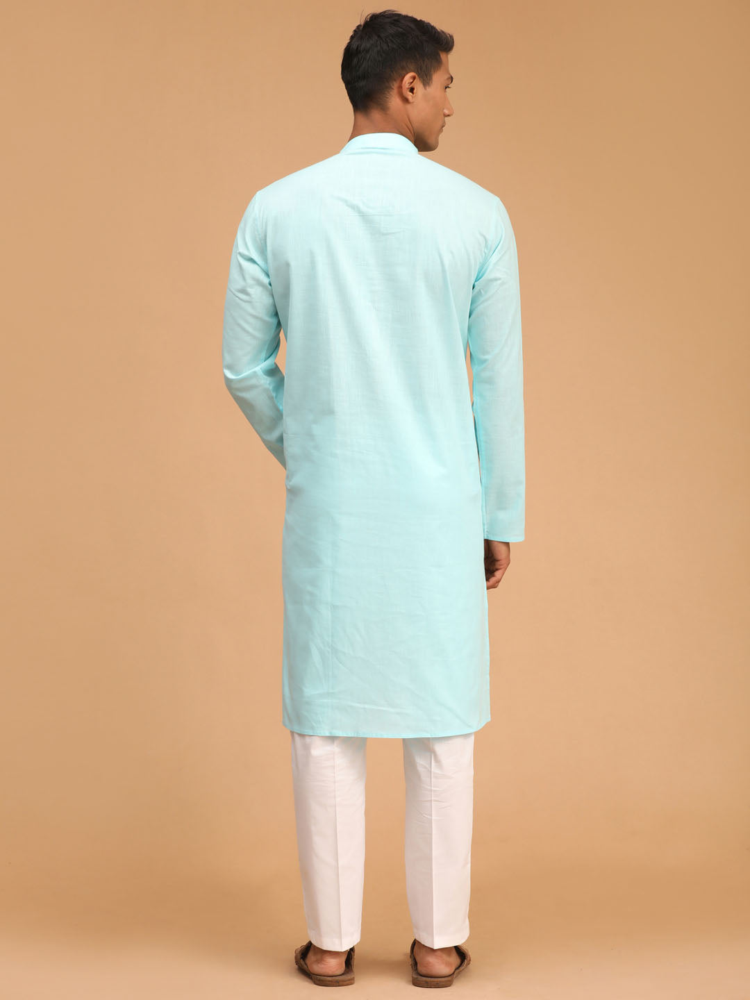 Men's Aqua And White Cotton Blend Kurta Pyjama Set