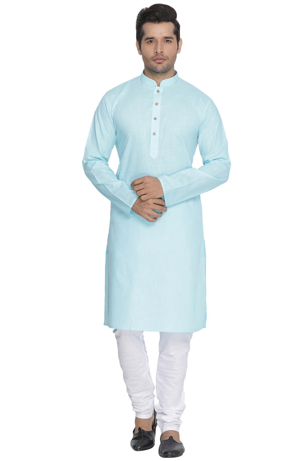 Men's Light Blue Cotton Linen Blend Kurta Pyjama Set