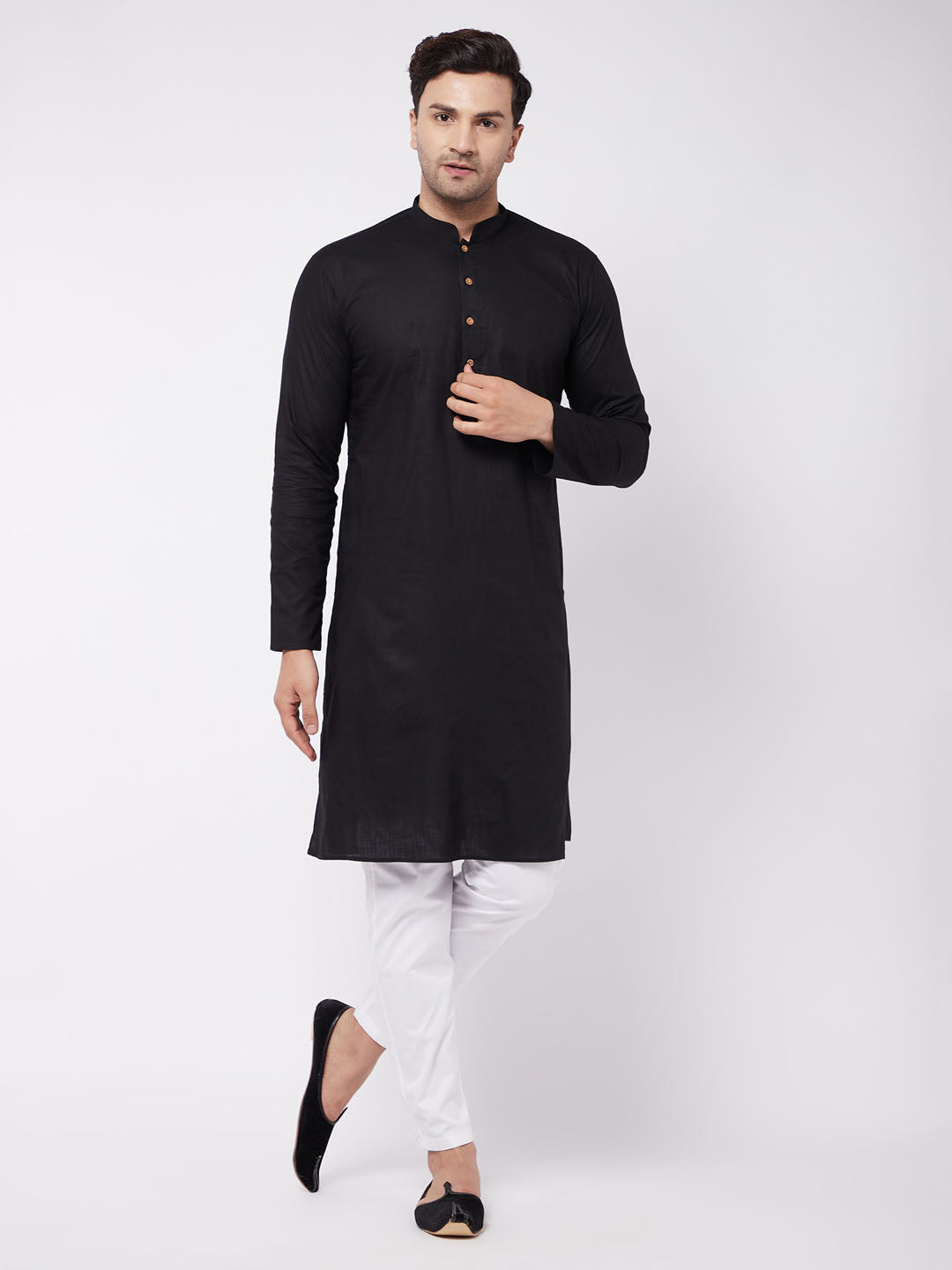 Men's Black And White Cotton Linen Kurta Pyjama Set