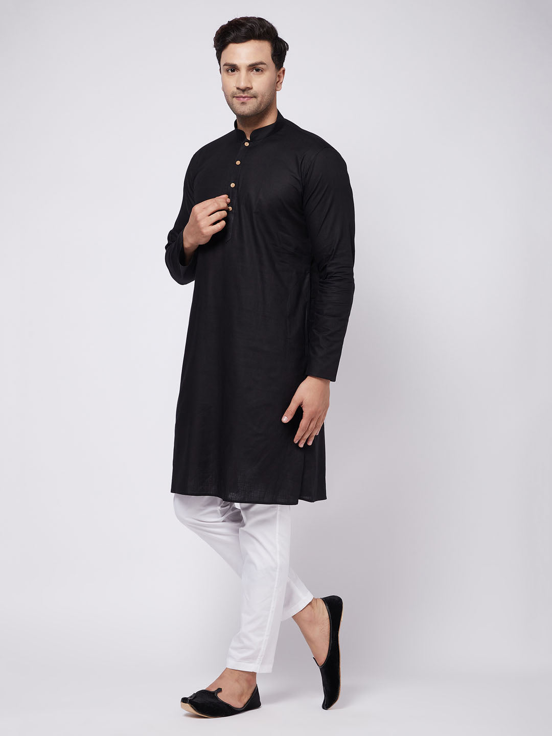 Men's Black And White Cotton Linen Kurta Pyjama Set