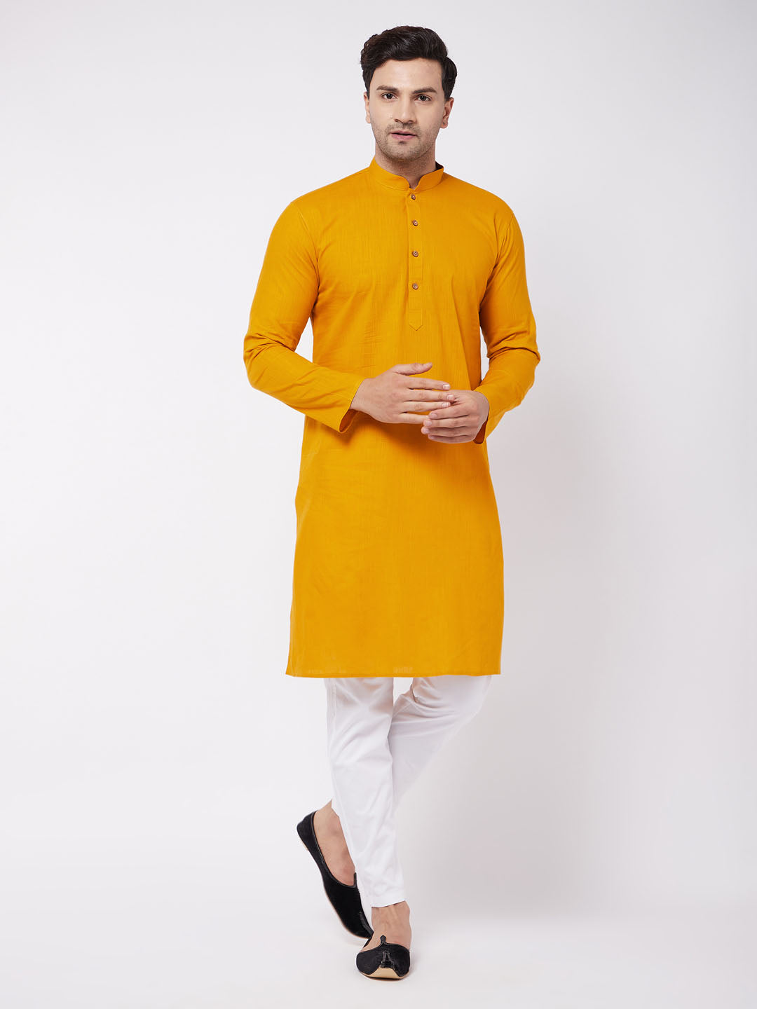 Men's Mustard And White Cotton Blend Kurta Pyjama Set