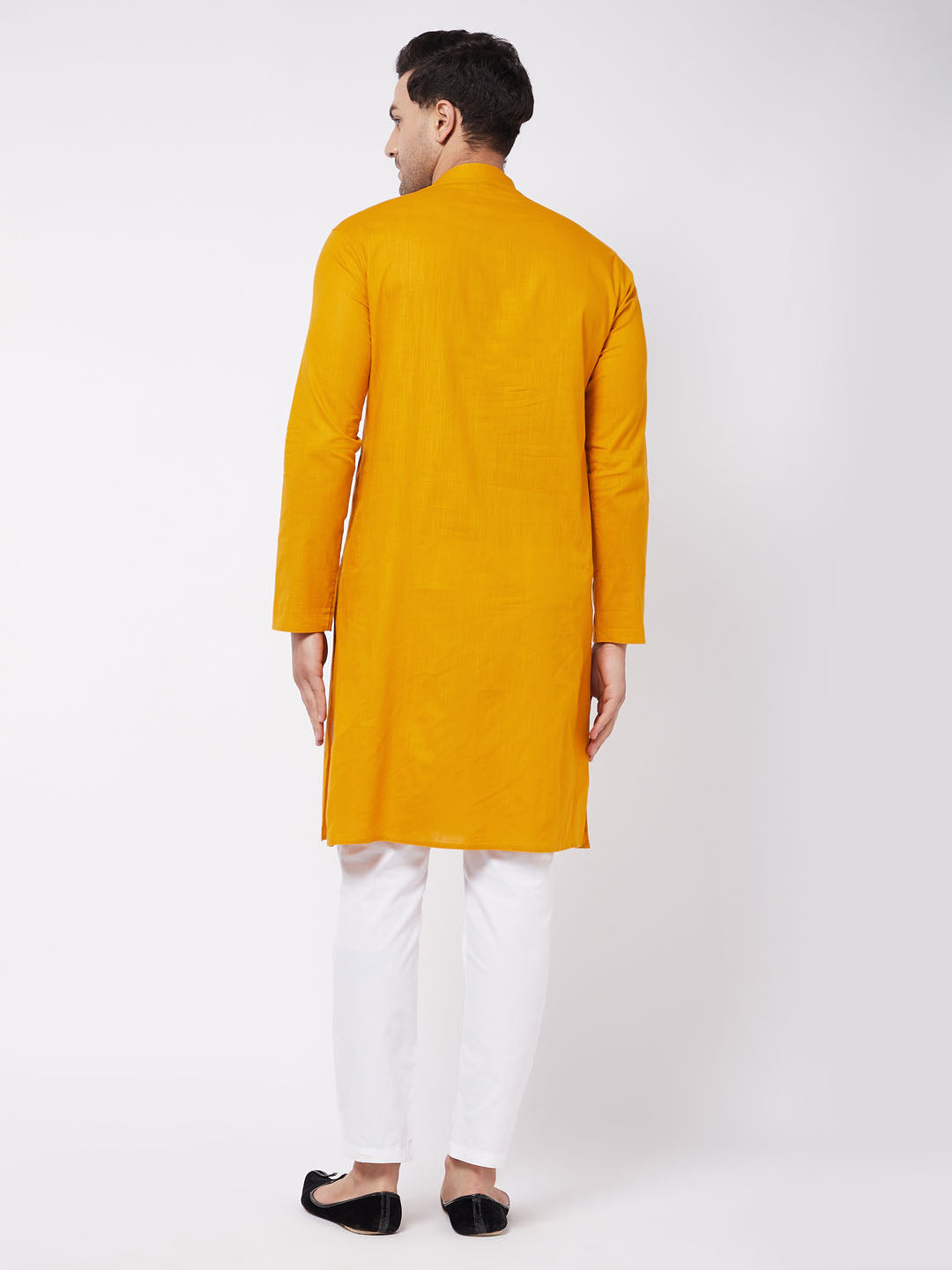 Men's Mustard And White Cotton Blend Kurta Pyjama Set