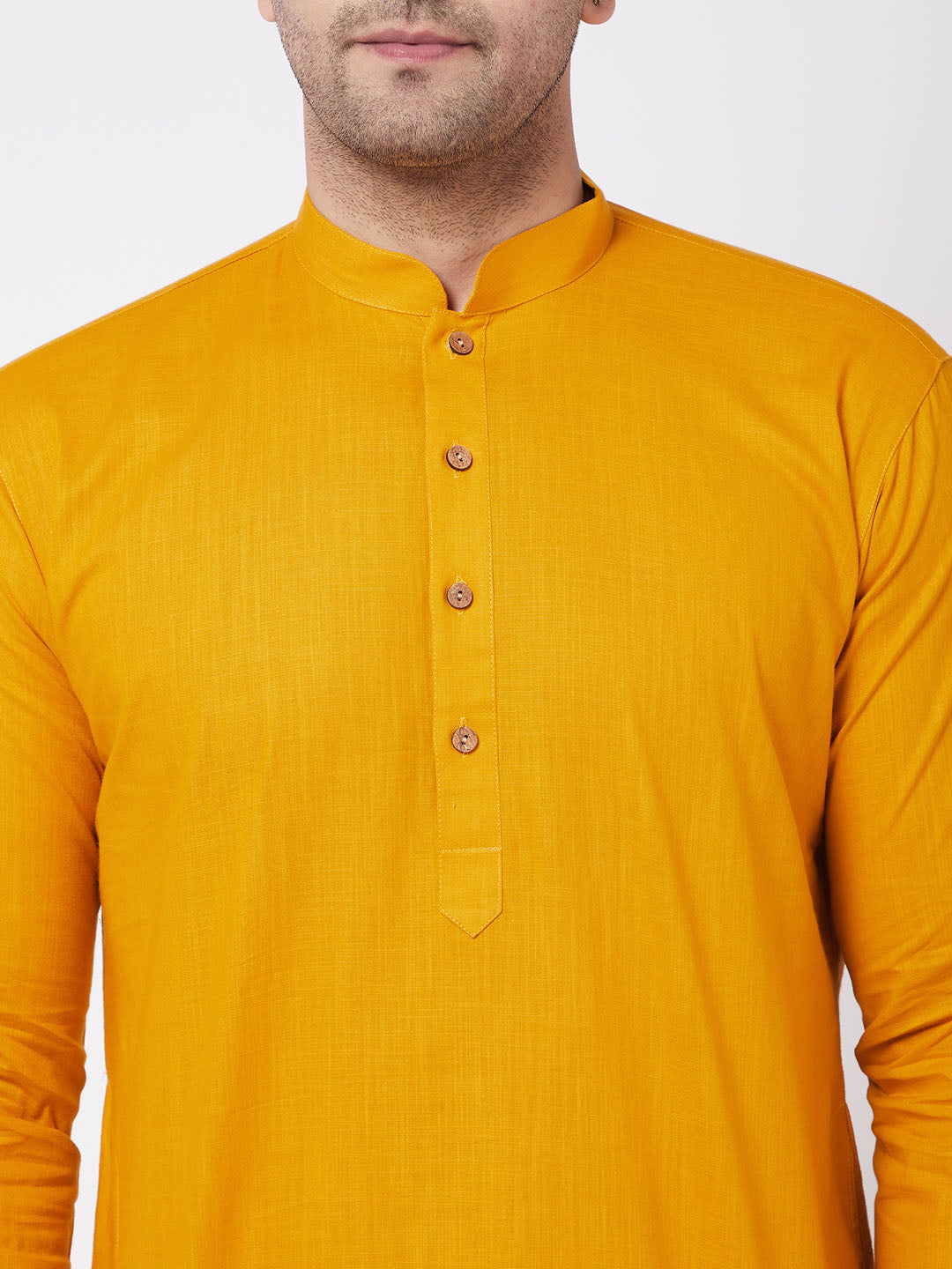 Men's Mustard And White Cotton Blend Kurta Pyjama Set