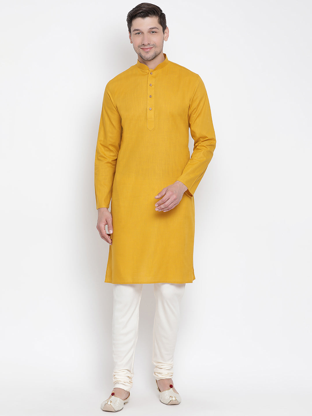 Men's Yellow Cotton Linen Blend Kurta Pyjama Set