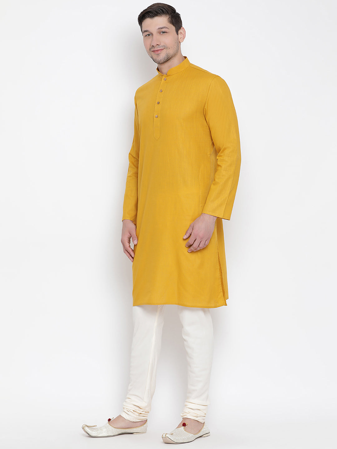 Men's Yellow Cotton Linen Blend Kurta Pyjama Set