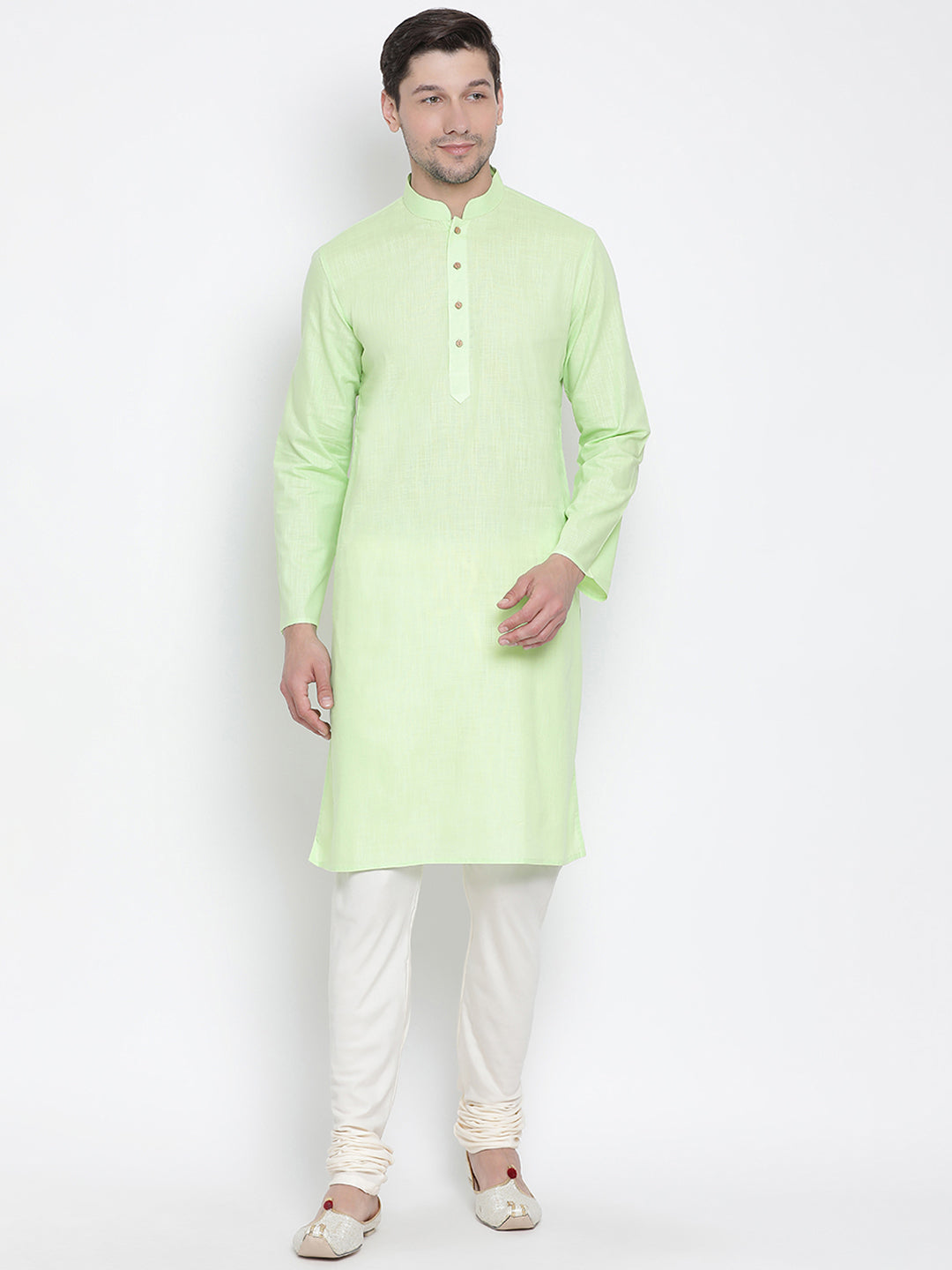 Men's Light Green Cotton Linen Blend Kurta Pyjama Set