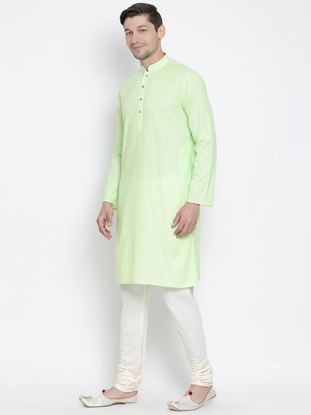 Men's Light Green Cotton Linen Blend Kurta Pyjama Set