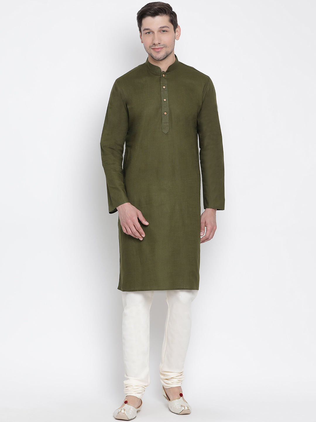 Men's Green Cotton Linen Blend Kurta Pyjama Set