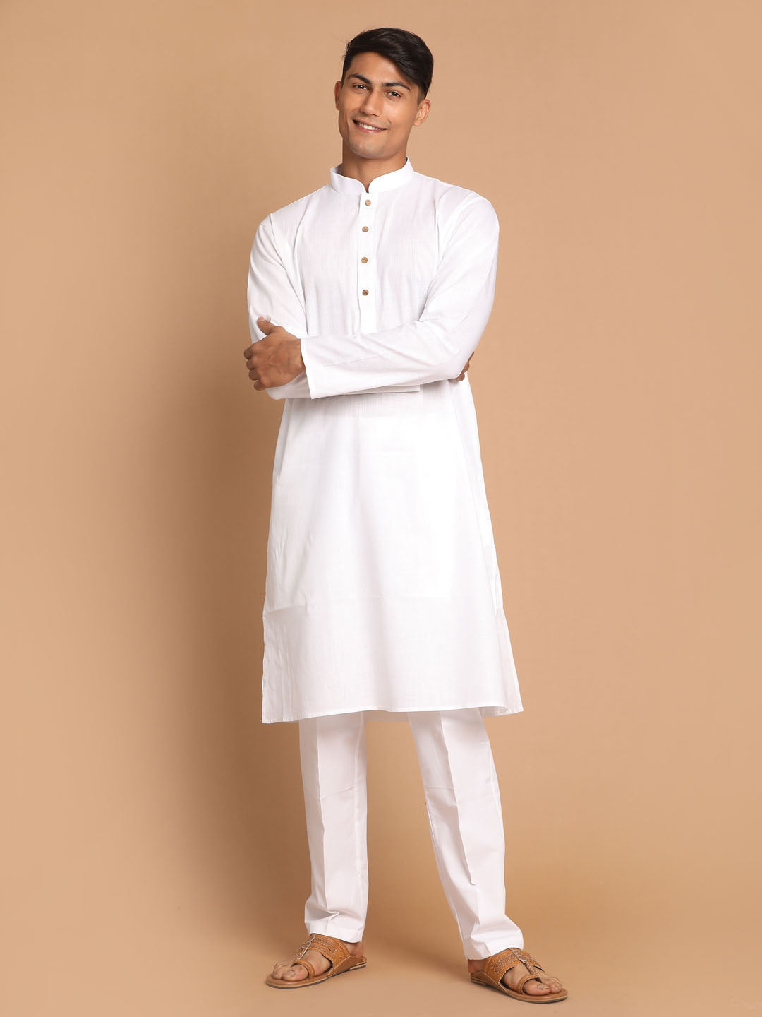 Men's White Cotton Blend Kurta Pyjama Set