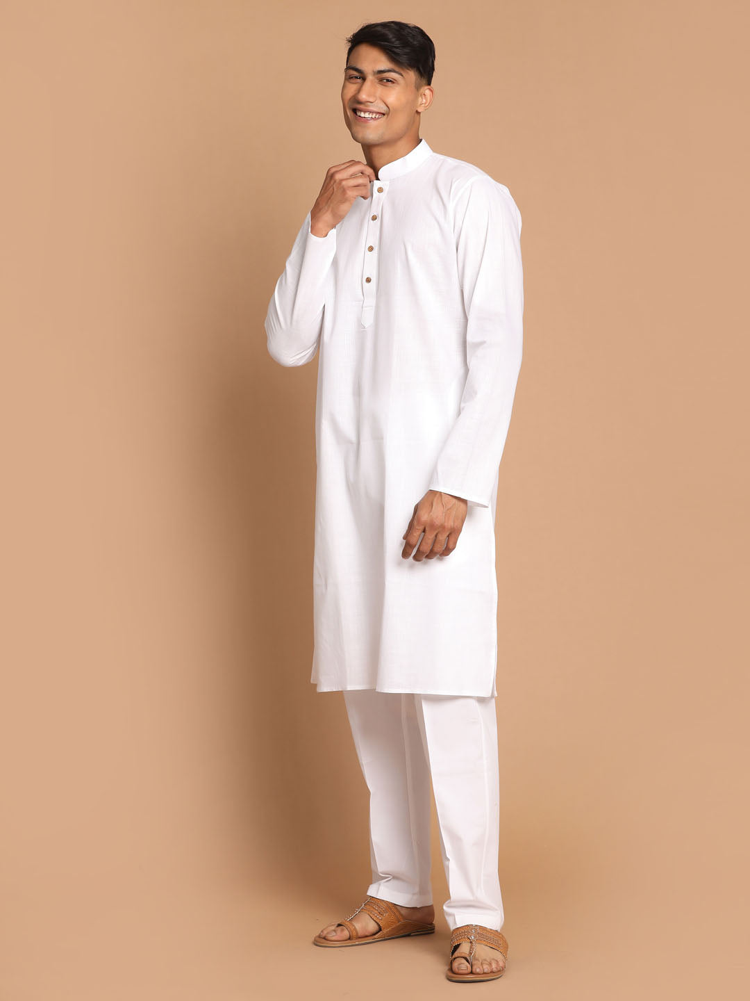 Men's White Cotton Blend Kurta Pyjama Set