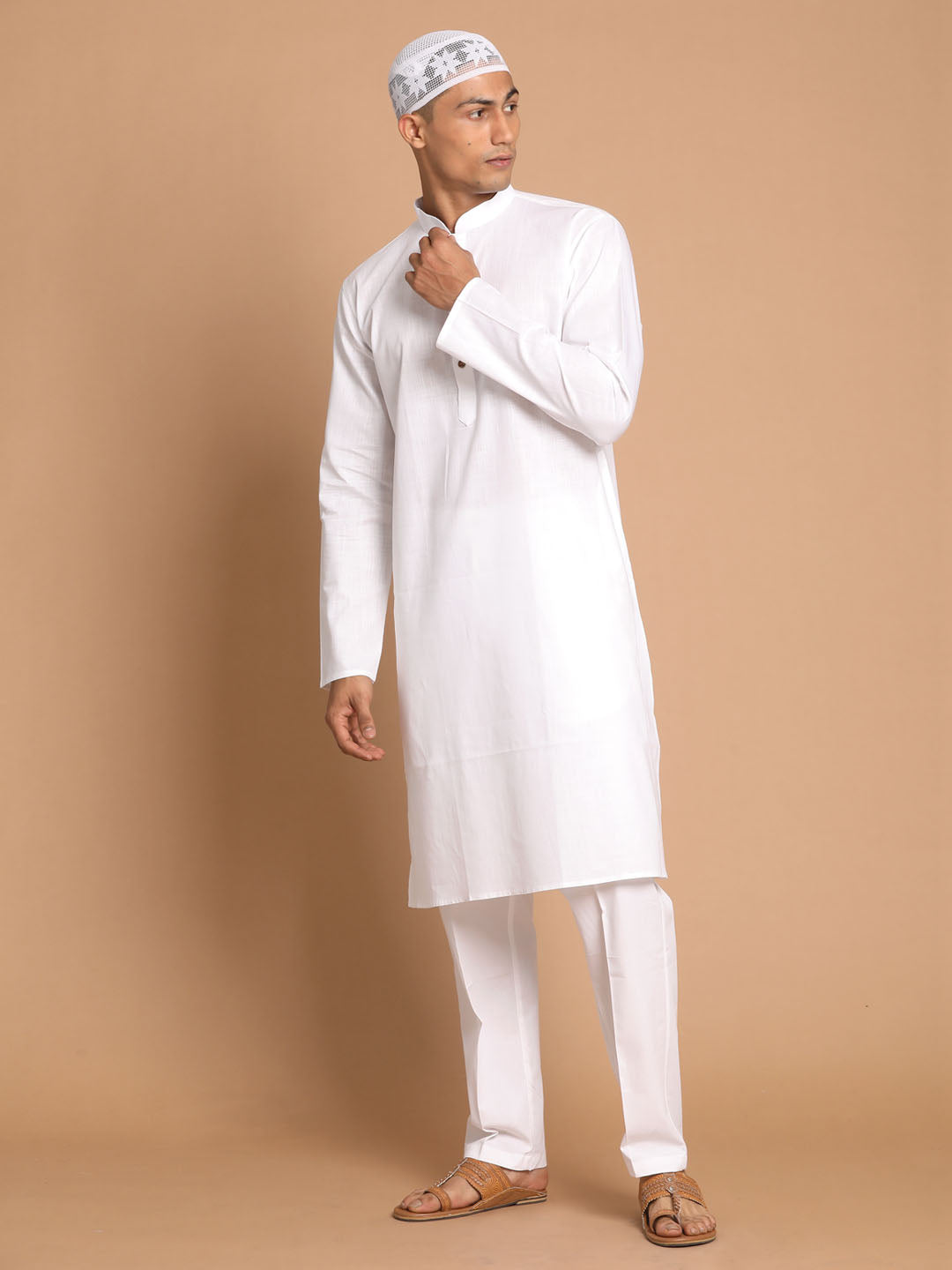 Men's White Cotton Blend Kurta Pyjama Set