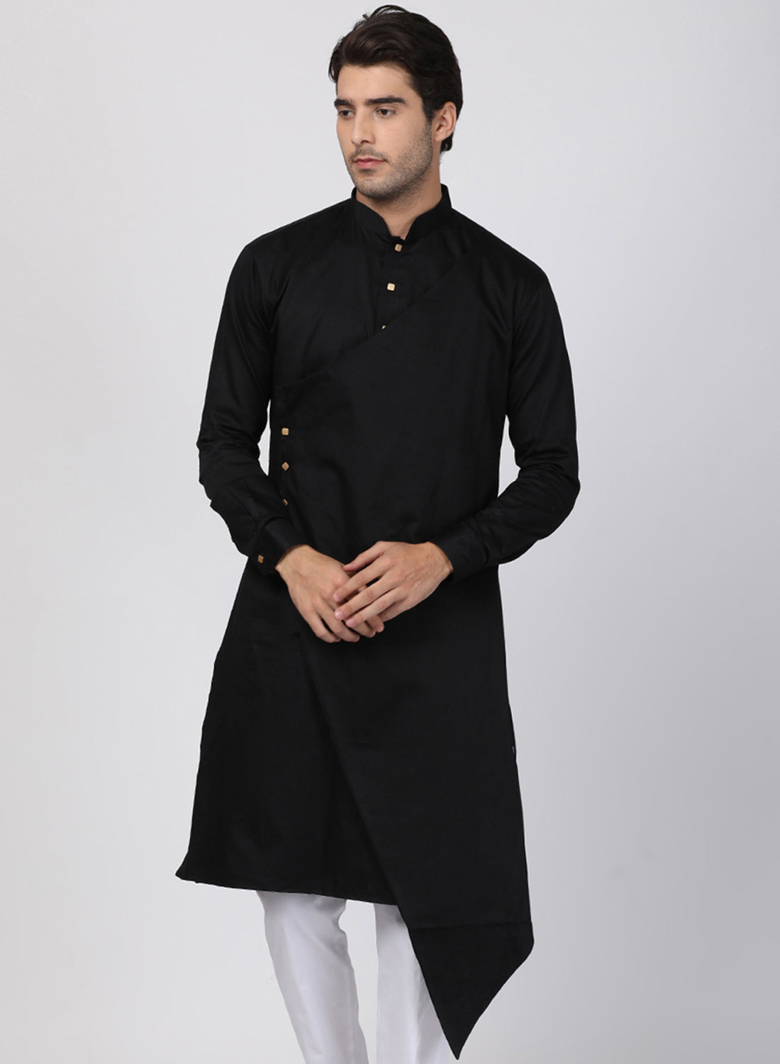 Men's Black Cotton Satin Blend Kurta