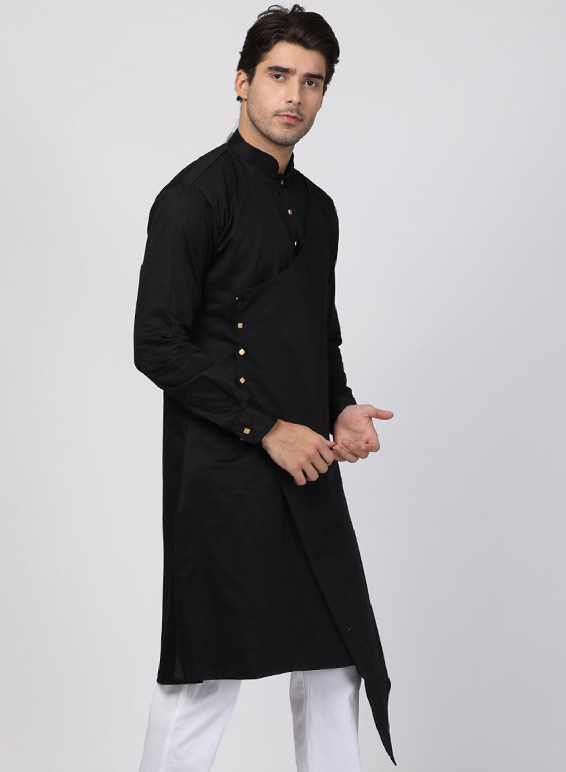 Men's Black Cotton Satin Blend Kurta