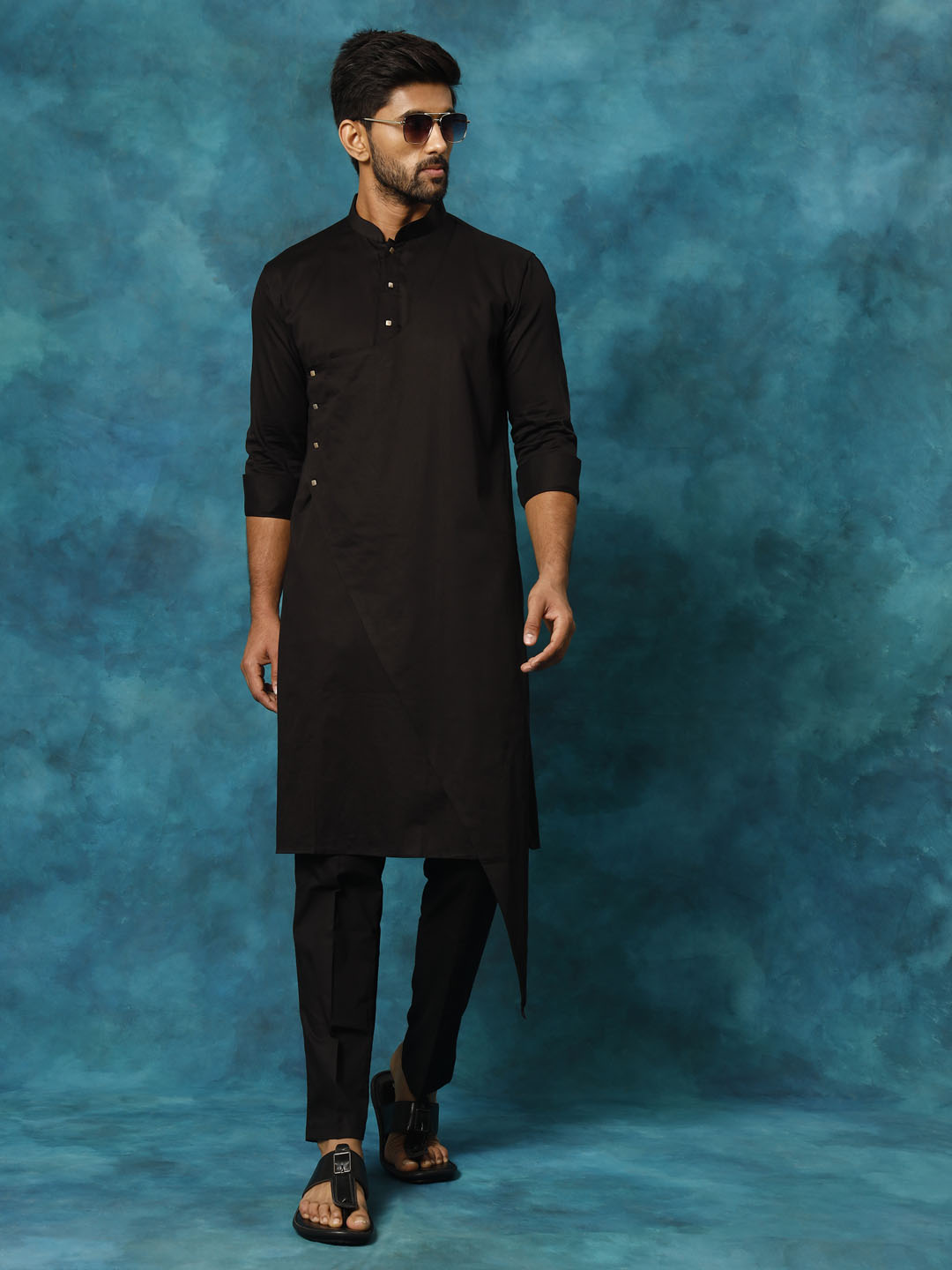 Men's Black Cotton Satin Blend Kurta Pyjama Set