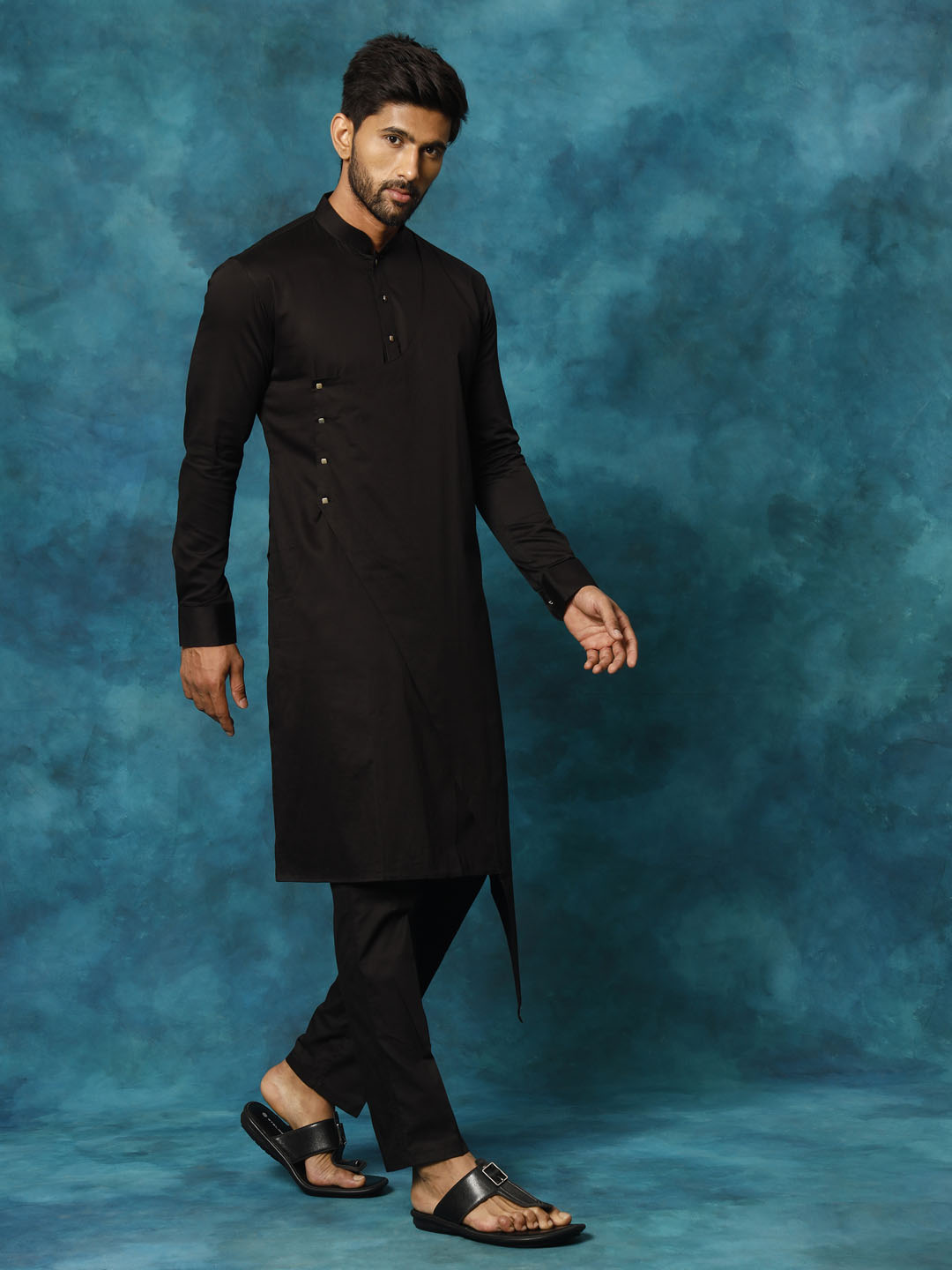 Men's Black Cotton Satin Blend Kurta Pyjama Set