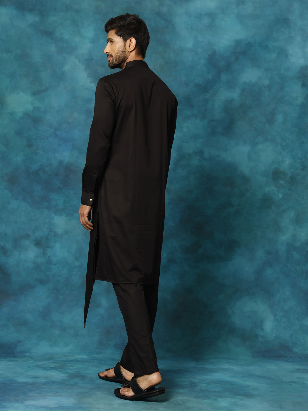 Men's Black Cotton Satin Blend Kurta Pyjama Set