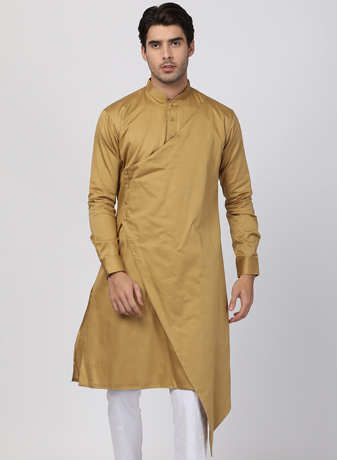 Men's Beige Cotton Satin Blend Kurta