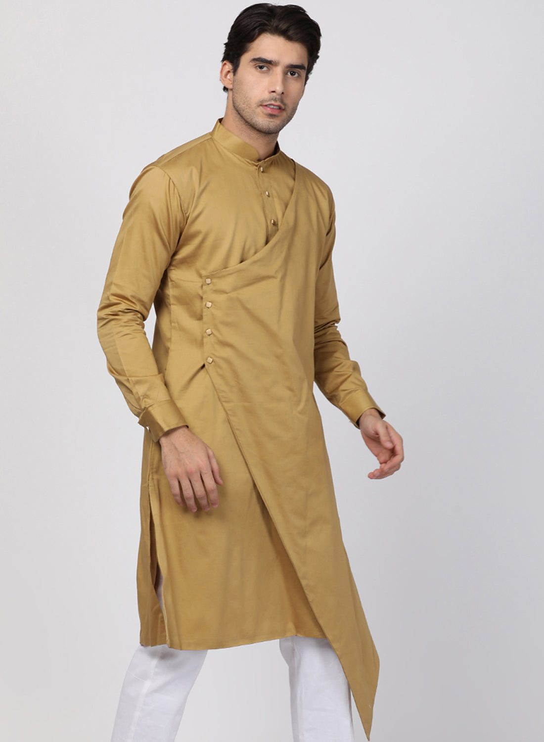 Men's Beige Cotton Satin Blend Kurta