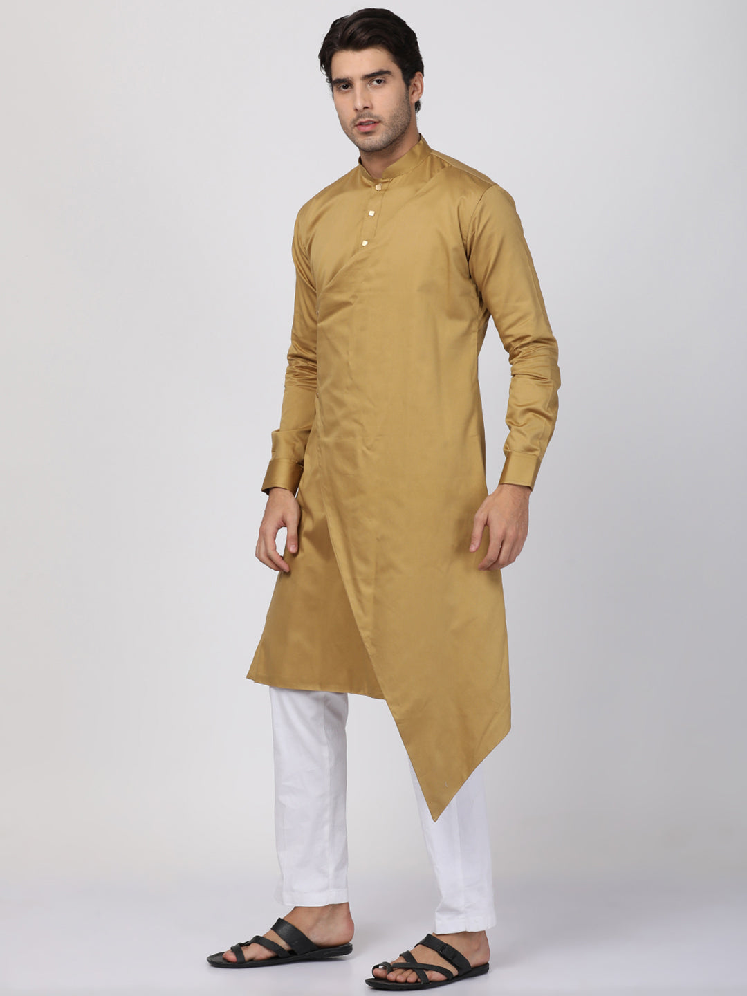 Men's Beige Cotton Satin Blend Kurta