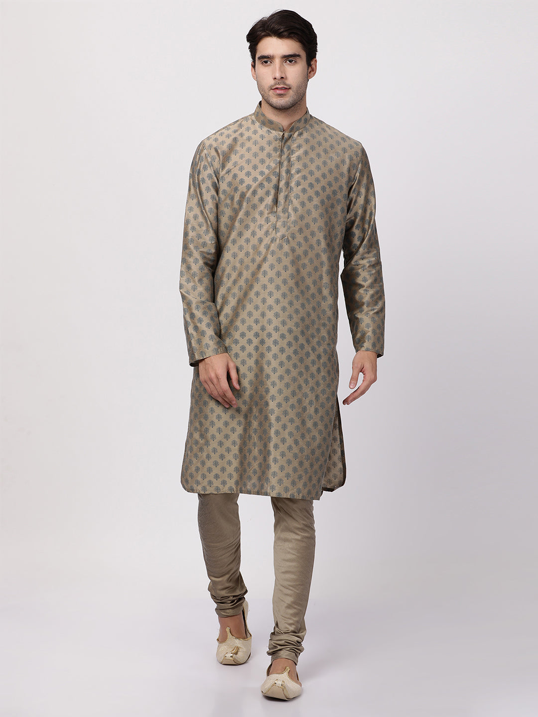 Men's Beige Cotton Blend Kurta Pyjama Set