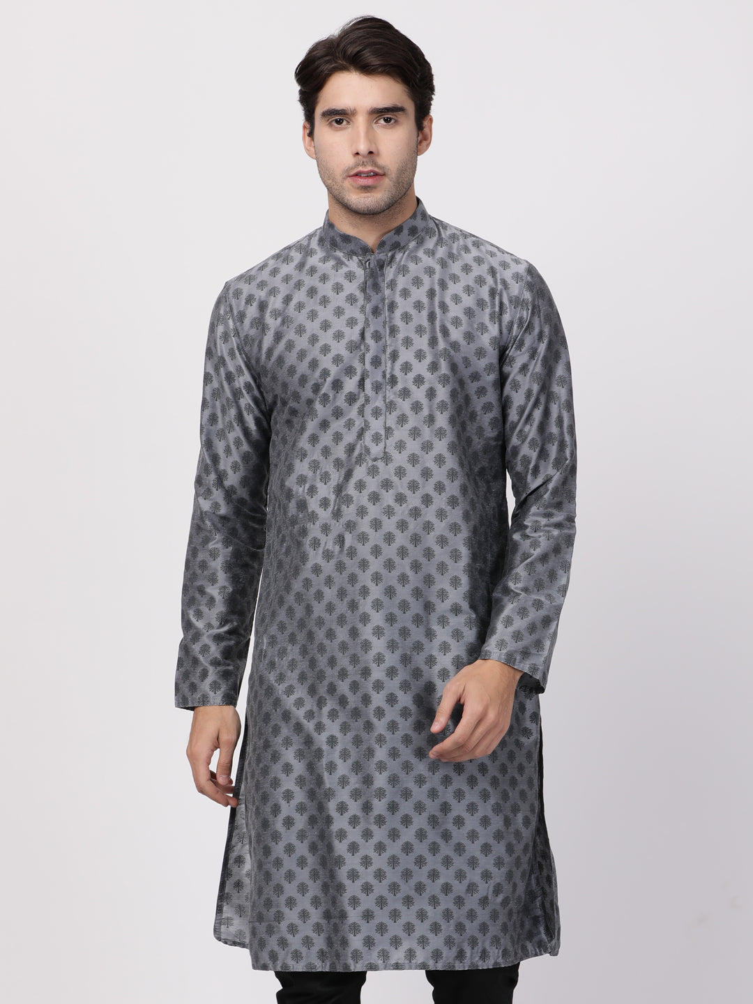 Men's Grey Cotton Blend Kurta