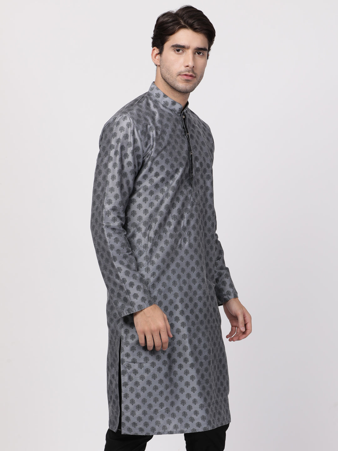 Men's Grey Cotton Blend Kurta