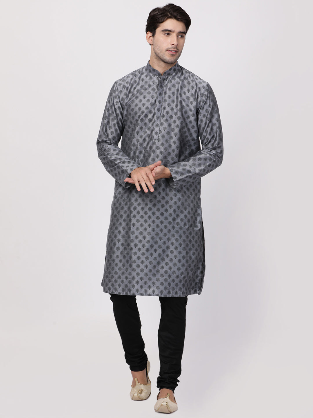 Men's Grey Cotton Blend Kurta