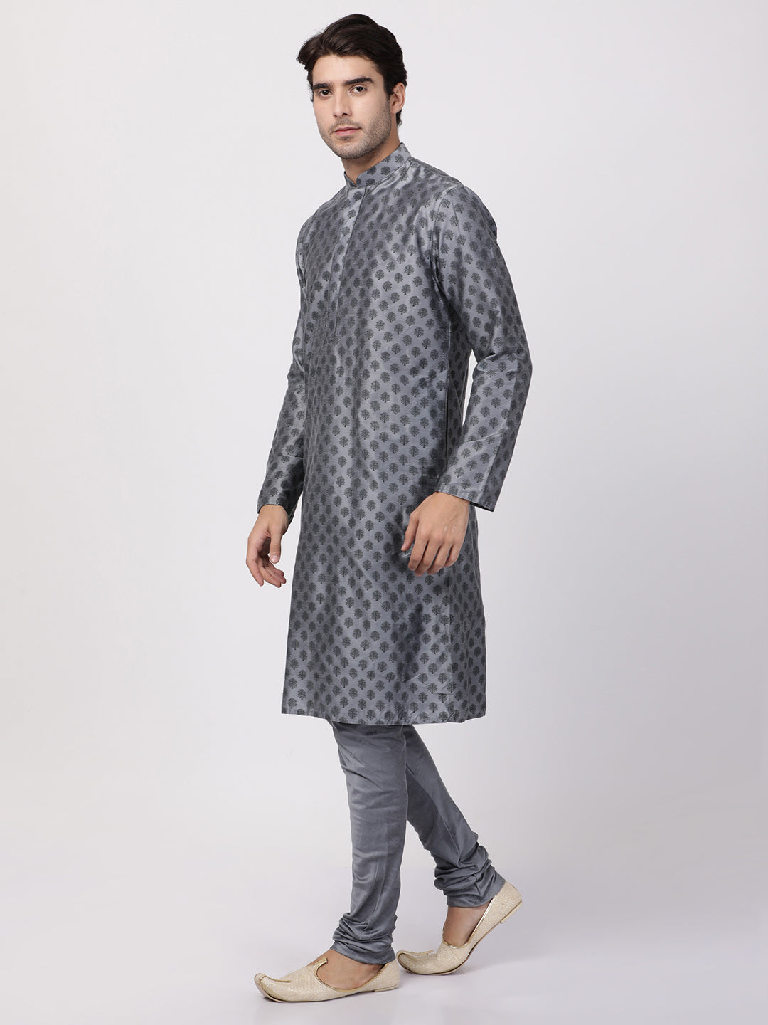 Men's Grey Cotton Blend Kurta Pyjama Set