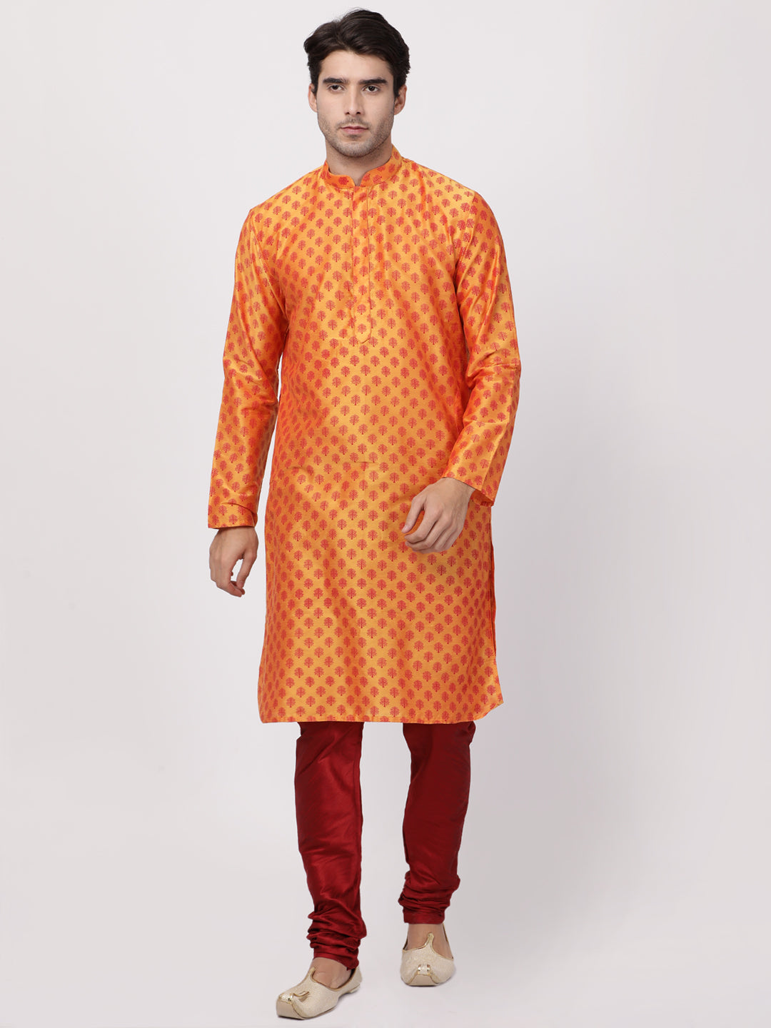 Men's Orange Cotton Blend Kurta