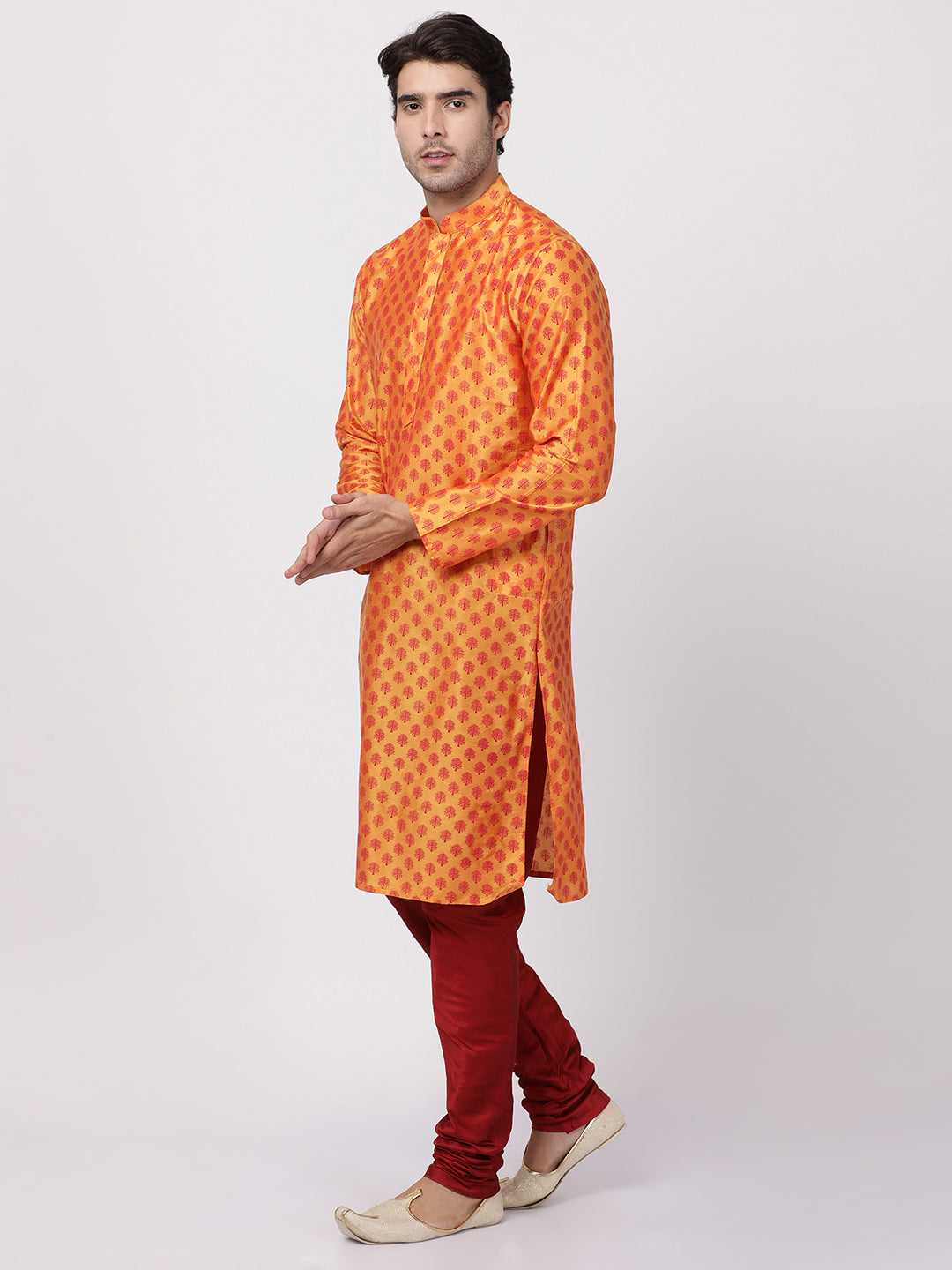 Men's Orange Cotton Blend Kurta Pyjama Set