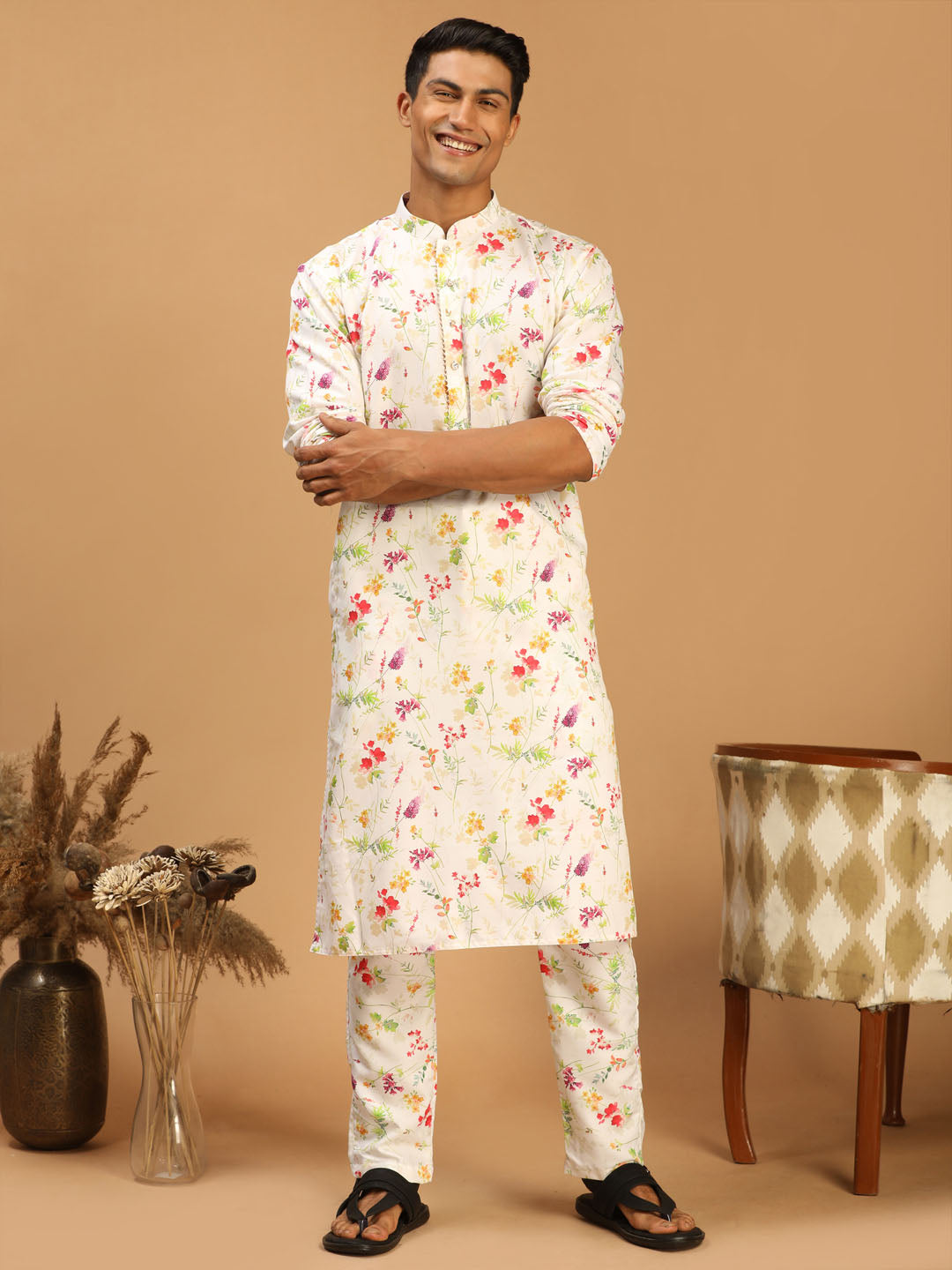 Men's Cream Cotton Blend Kurta Pyjama Set