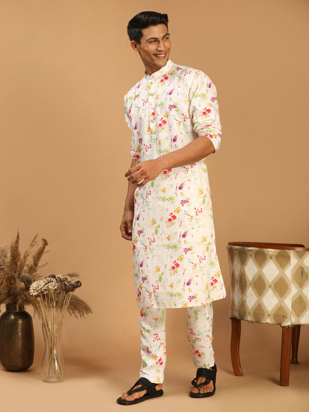 Men's Cream Cotton Blend Kurta Pyjama Set