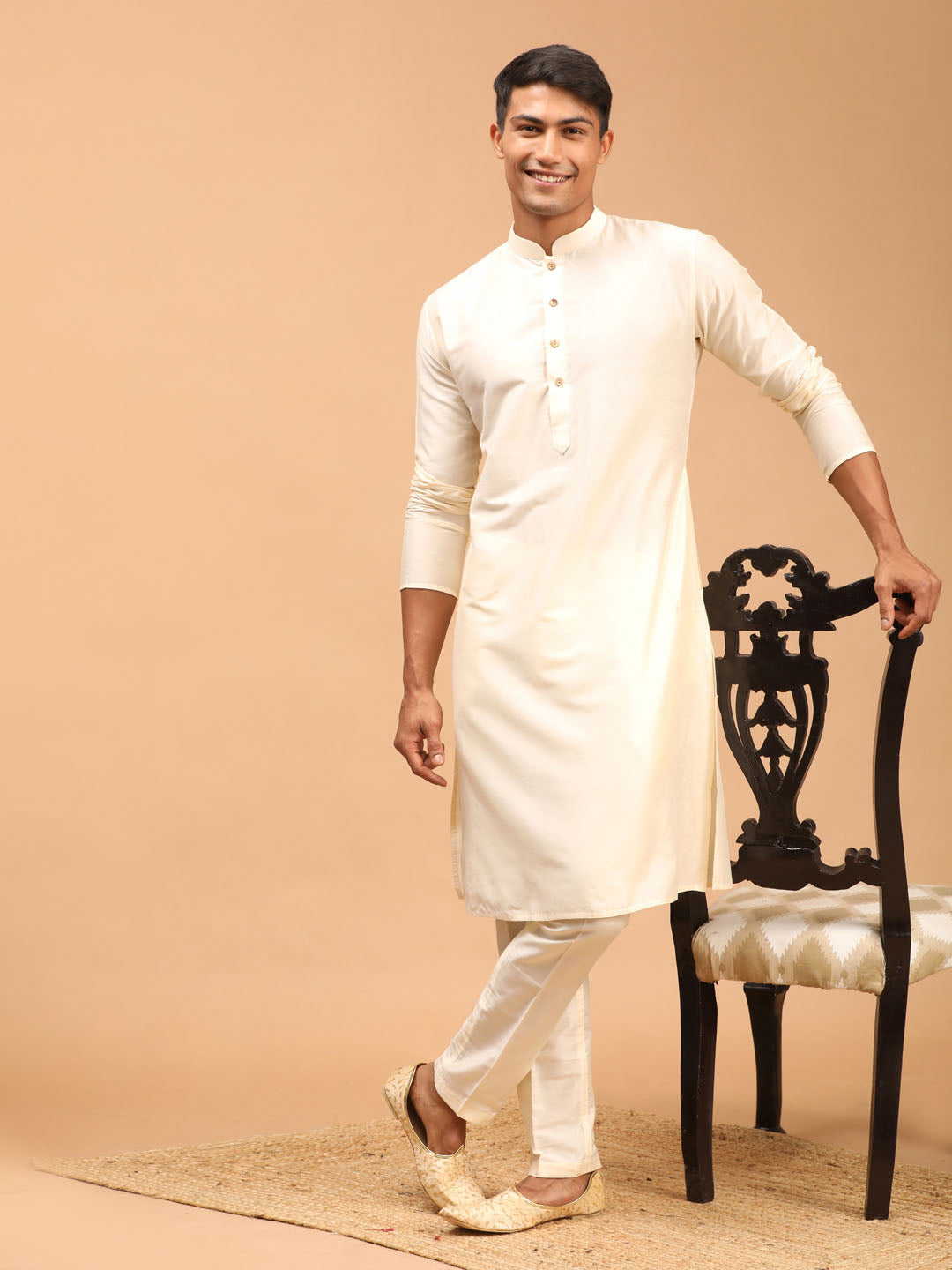 Men's Cream Viscose Kurta Pyjama Set