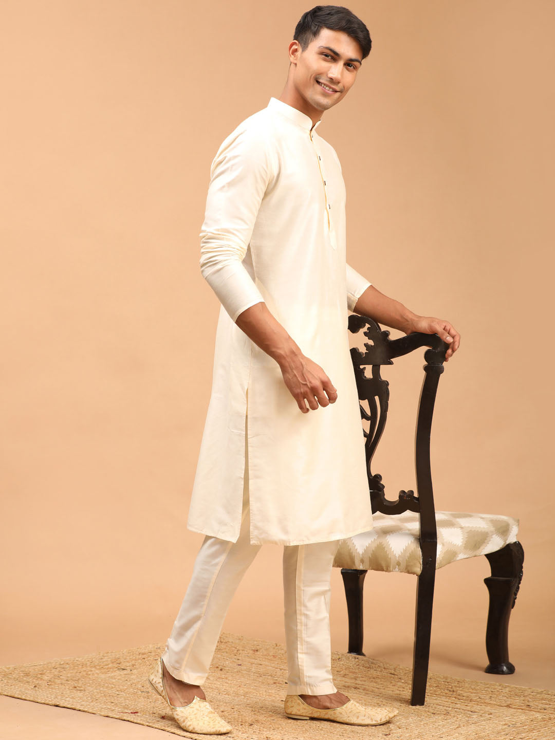 Men's Cream Viscose Kurta Pyjama Set