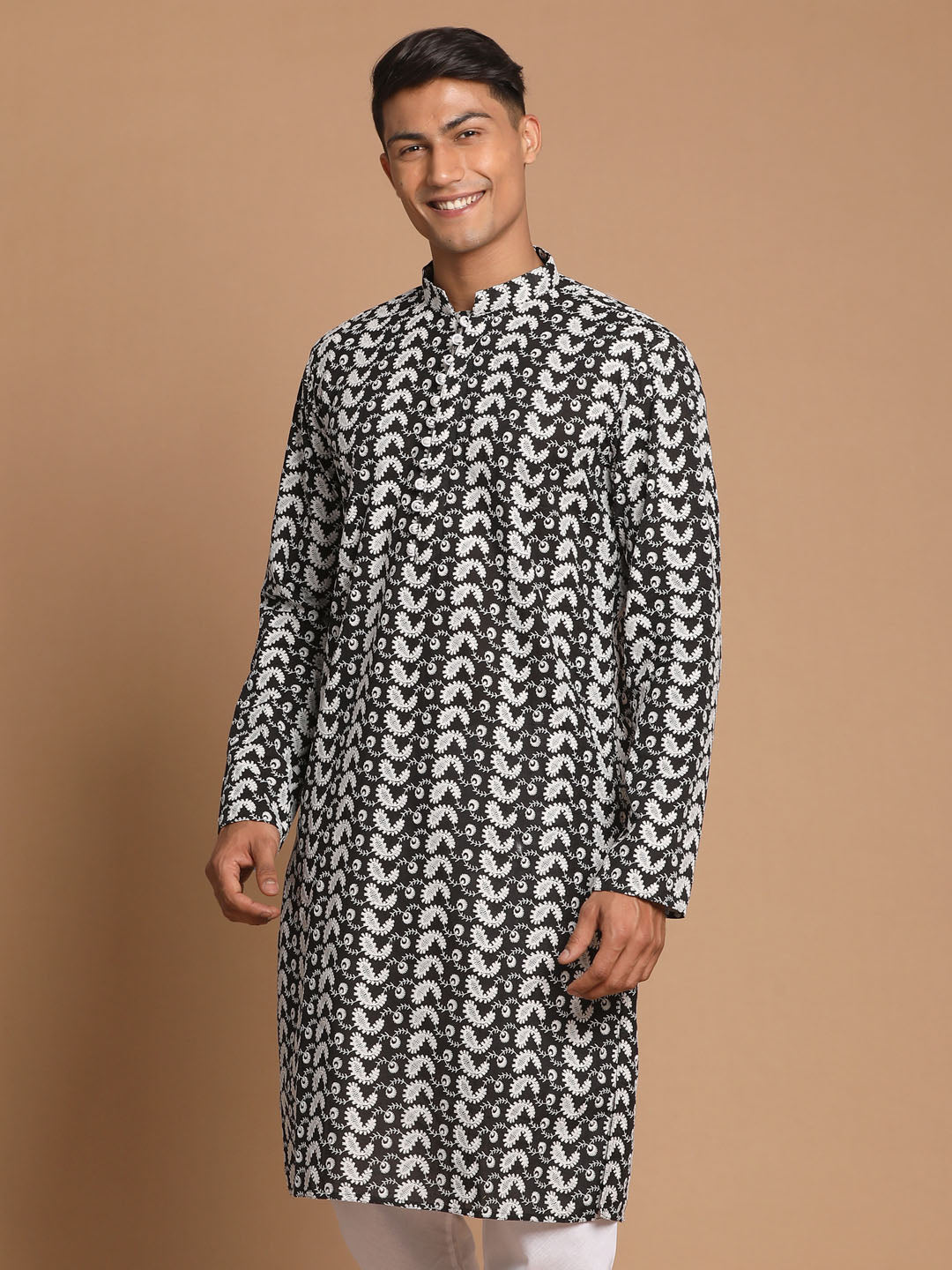 Men's Black And White Pure Cotton Kurta