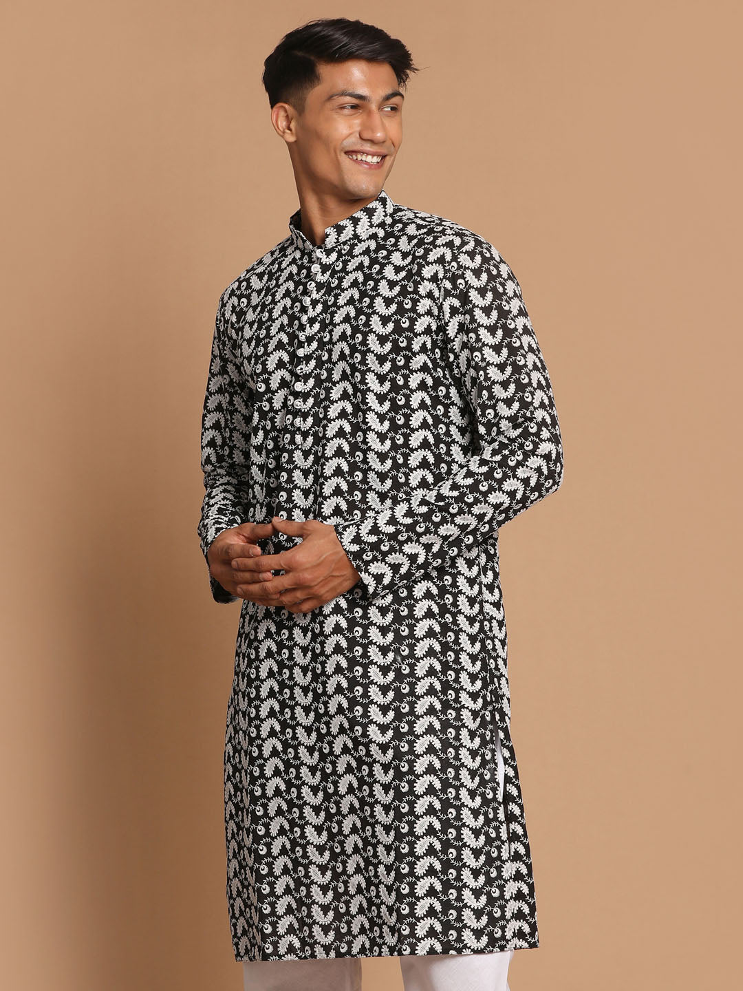 Men's Black And White Pure Cotton Kurta