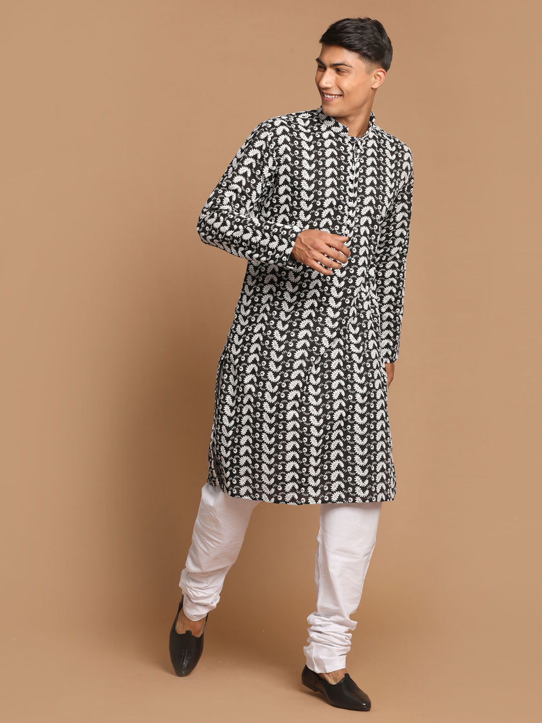 Men's Black And White Pure Cotton Kurta