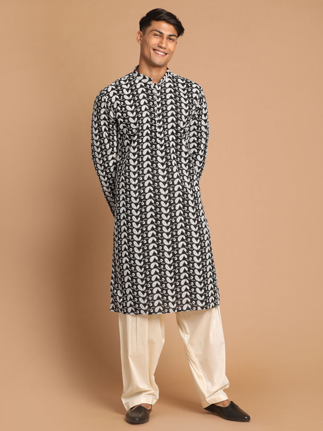 Men's Black And cream Pure Cotton Kurta and Patiala Set