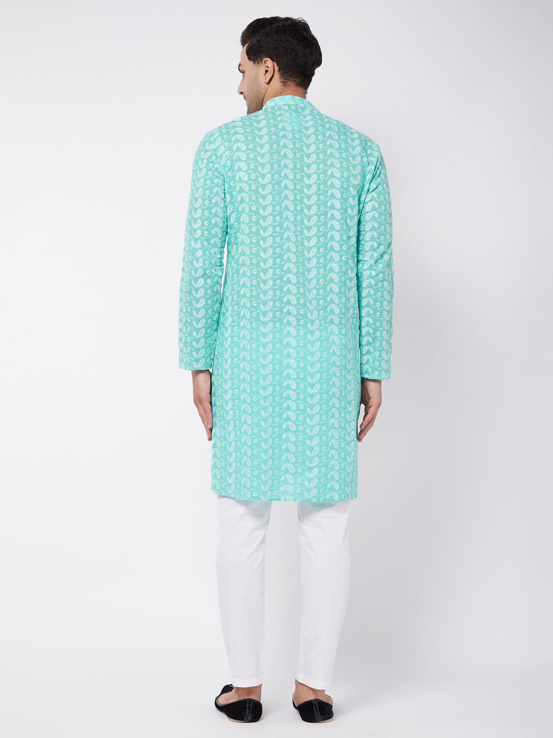 Men's Green And White Pure Cotton Kurta Pyjama Set