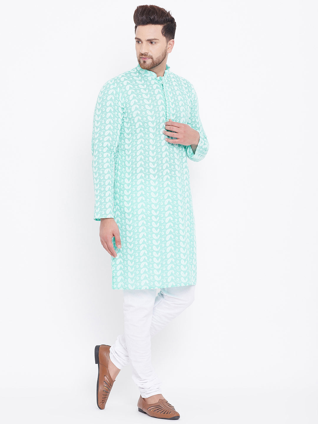 Men's Green and White Cotton Kurta Pyjama Set