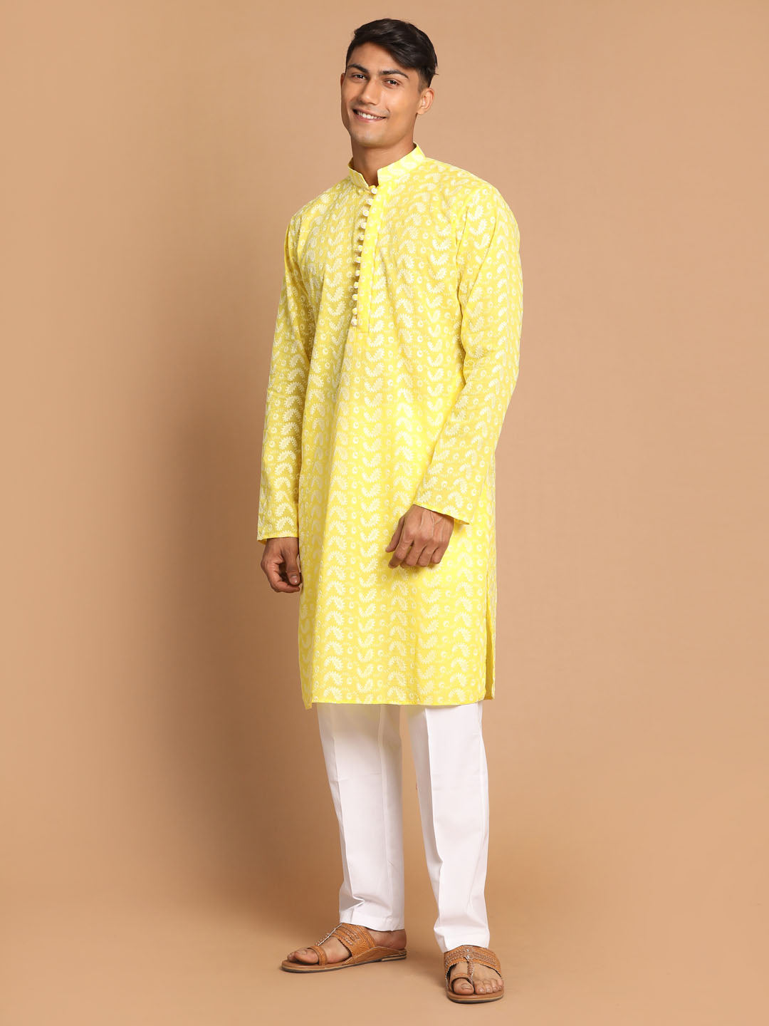 Men's Mustard And White Pure Cotton Kurta Pyjama Set