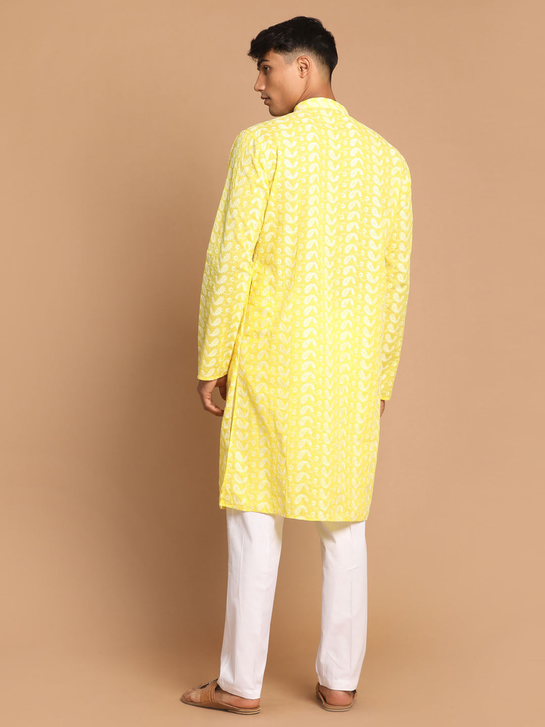 Men's Mustard And White Pure Cotton Kurta Pyjama Set