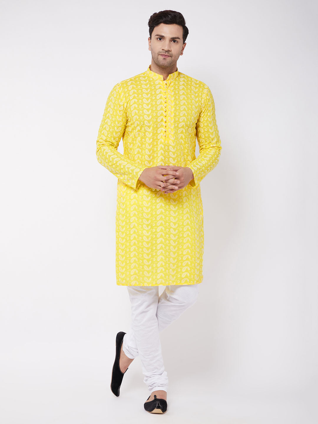 Men's Mustard And White Pure Cotton Kurta Pyjama Set