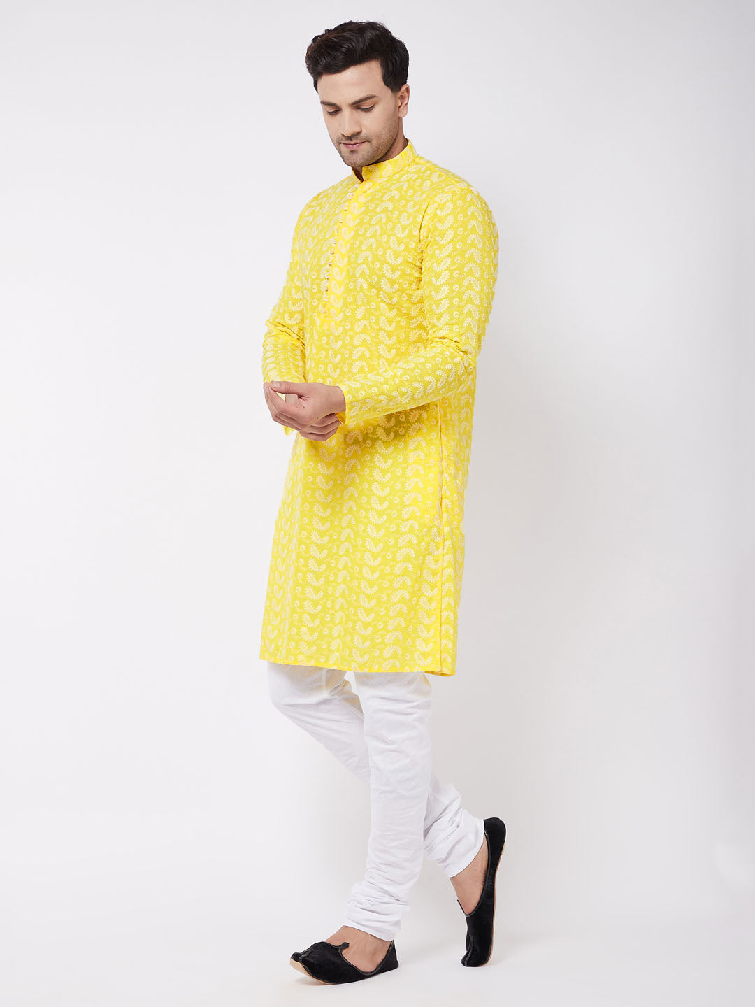 Men's Mustard And White Pure Cotton Kurta Pyjama Set