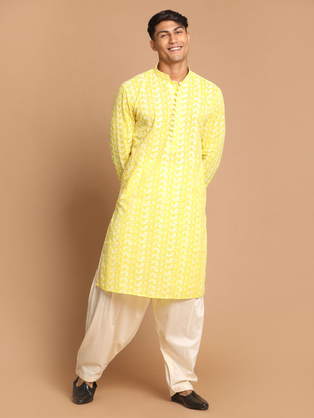 Men's Mustard And Cream Pure Cotton Kurta and Patiala Set