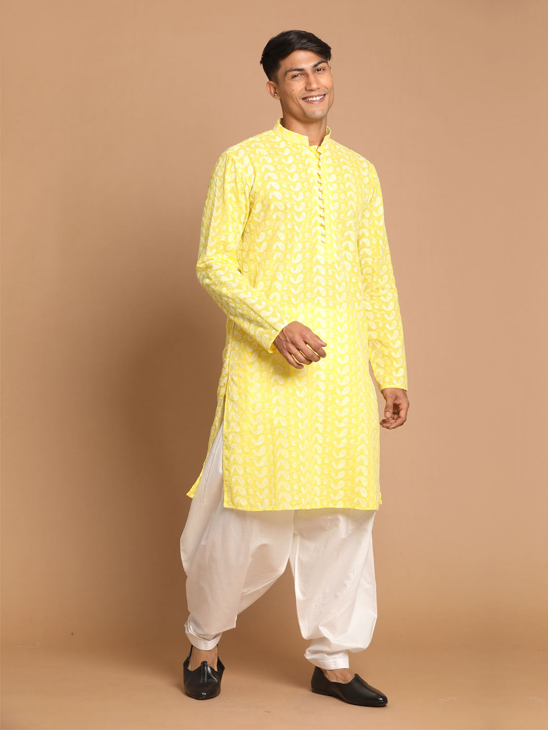 Men's Mustard And White Pure Cotton Kurta and Patiala Set