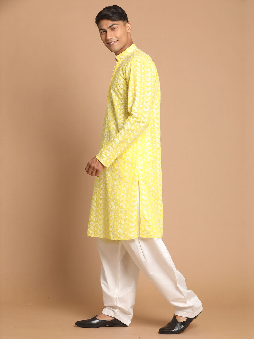 Men's Mustard And White Pure Cotton Kurta and Patiala Set